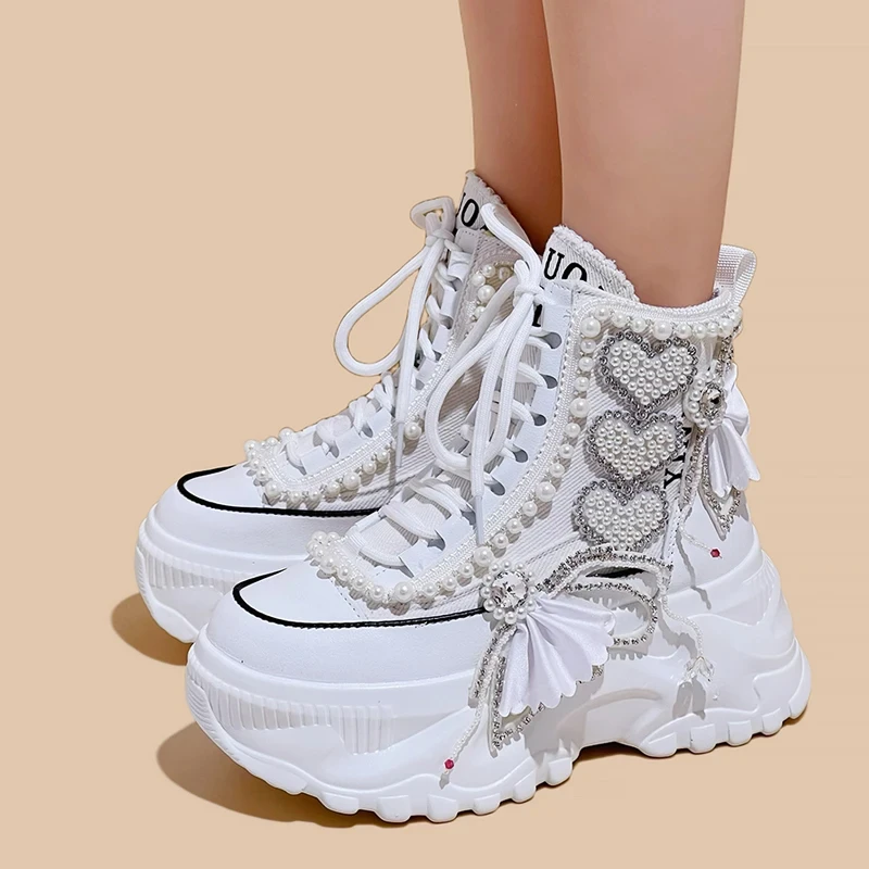 White Pearls Casual High Platform Women Sneakers Female Ankle Booties Heart Rhinestones Ladies Casual Thick Bottom Shoes