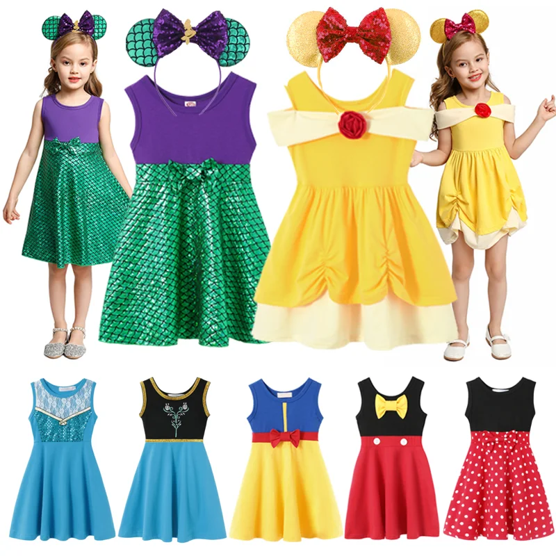 Disney Summer Princess Dress Baby Girls Clothes Kid Frozen Mermaid Snow White Costume Halloween Party Cosplay Belle Elsa Anna