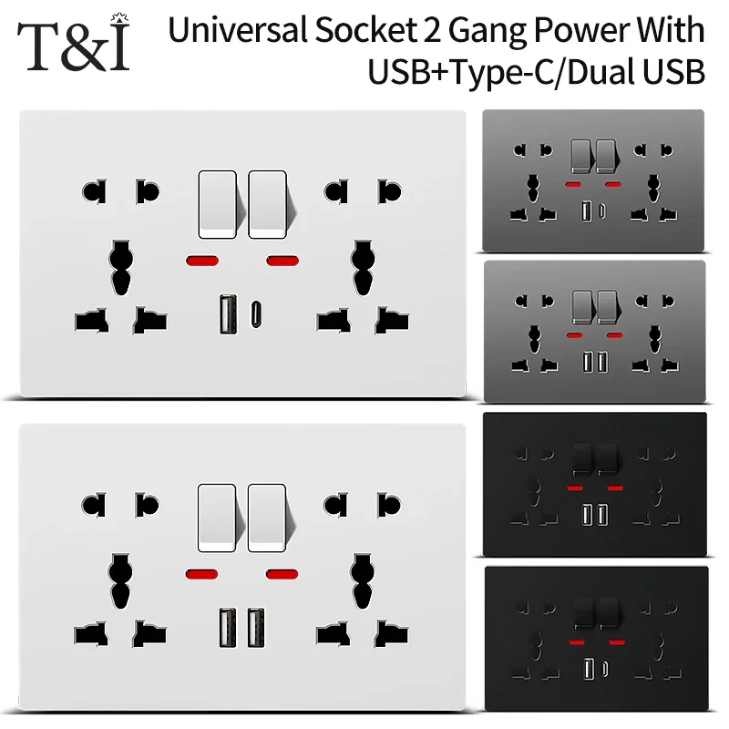 

Universal Electrical Outlet with 2 USB Ports and 2 Switches, Wall Mount Socket with LED Light, 110V~250V