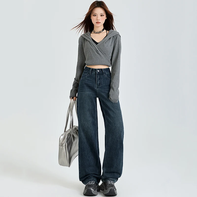 Womens Jeans Straight Tube Look Thinner Leisure Baggy Denim Pants High Waist Vintage Blue Streetwear Y2K American Style Wide Leg