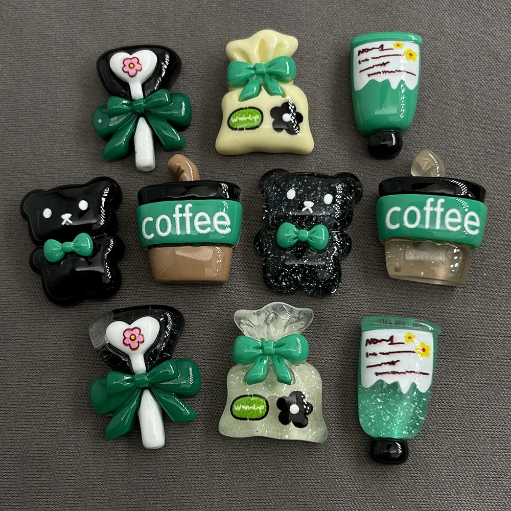 100pcs Cute Cartoon Green Coffee Doll Set Resin Flatback Cabochon DIY for Phone Case Hairpin Keychain Earrings Scrapbook