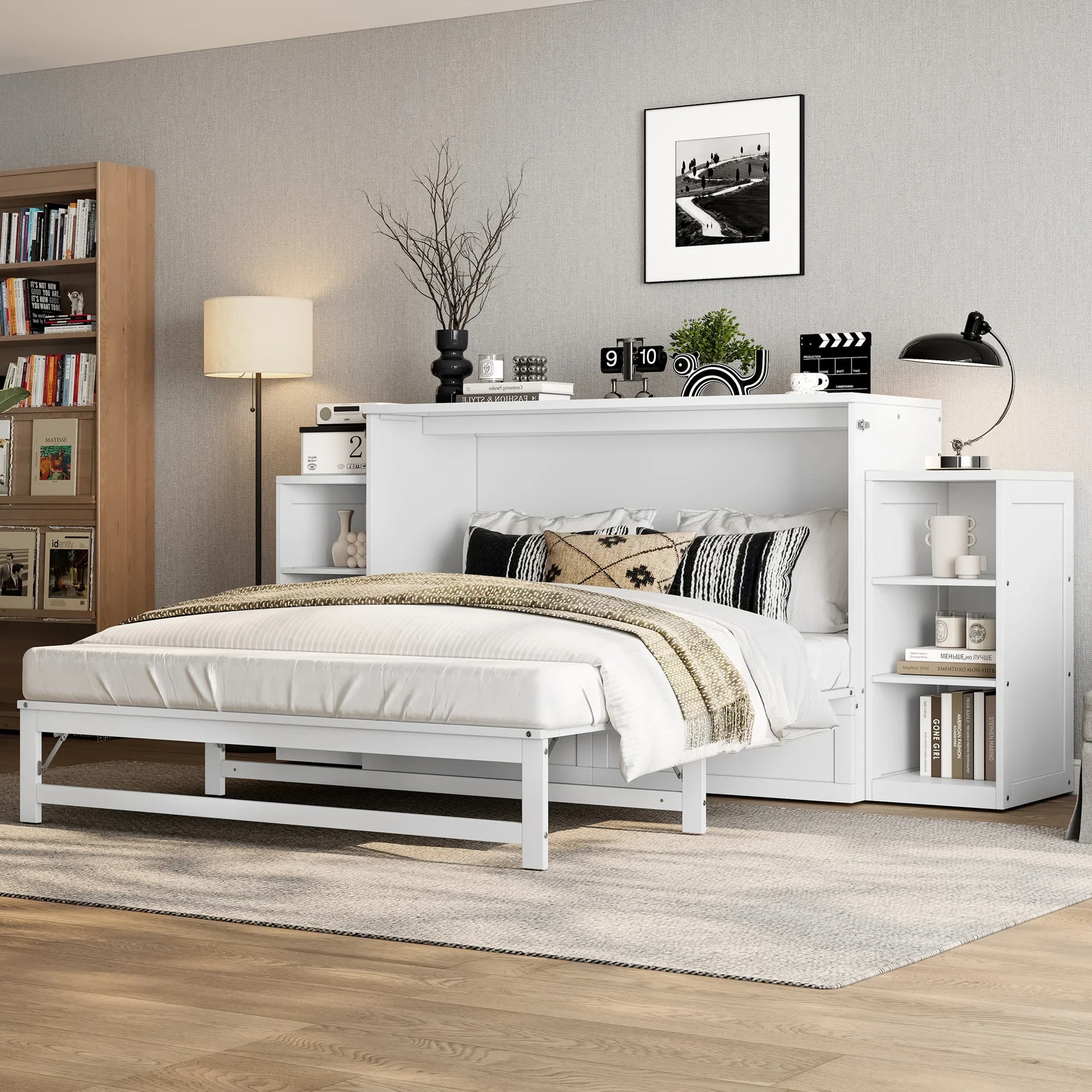 gz-Queen Size Murphy Bed With Spacious Storage Drawers And Shelves, Ideal For Guest Rooms Or Compact Bedrooms,White