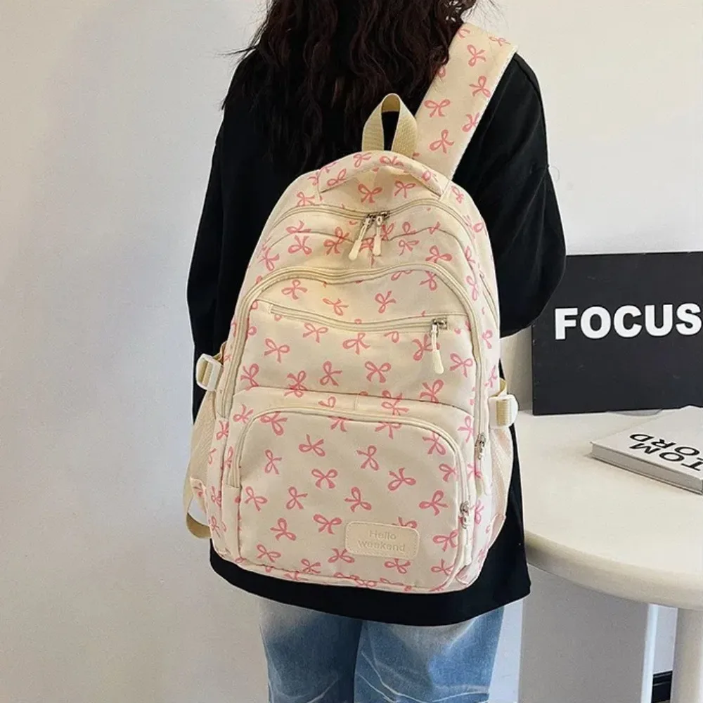 3 Pcs/Set Cute Large Capacity Bow Backpack Nylon Bow Print Student Backpack Adjustable Strap School Bag