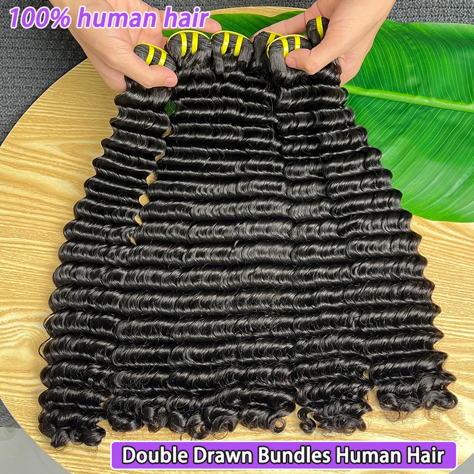 

Двойные нарисованные пучки глубоких волн, человеческие волосы, вьющиеся волосы с двойным утком, наращивание волос, натуральный черный цвет, 100% необработанные девственные волосы