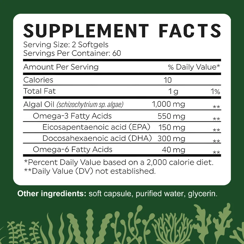 

Algae Oil Supplement, with Omega-3 Fish Oil, Supports The Cardiovascular System, and Enhances Cognitive Function and Learning