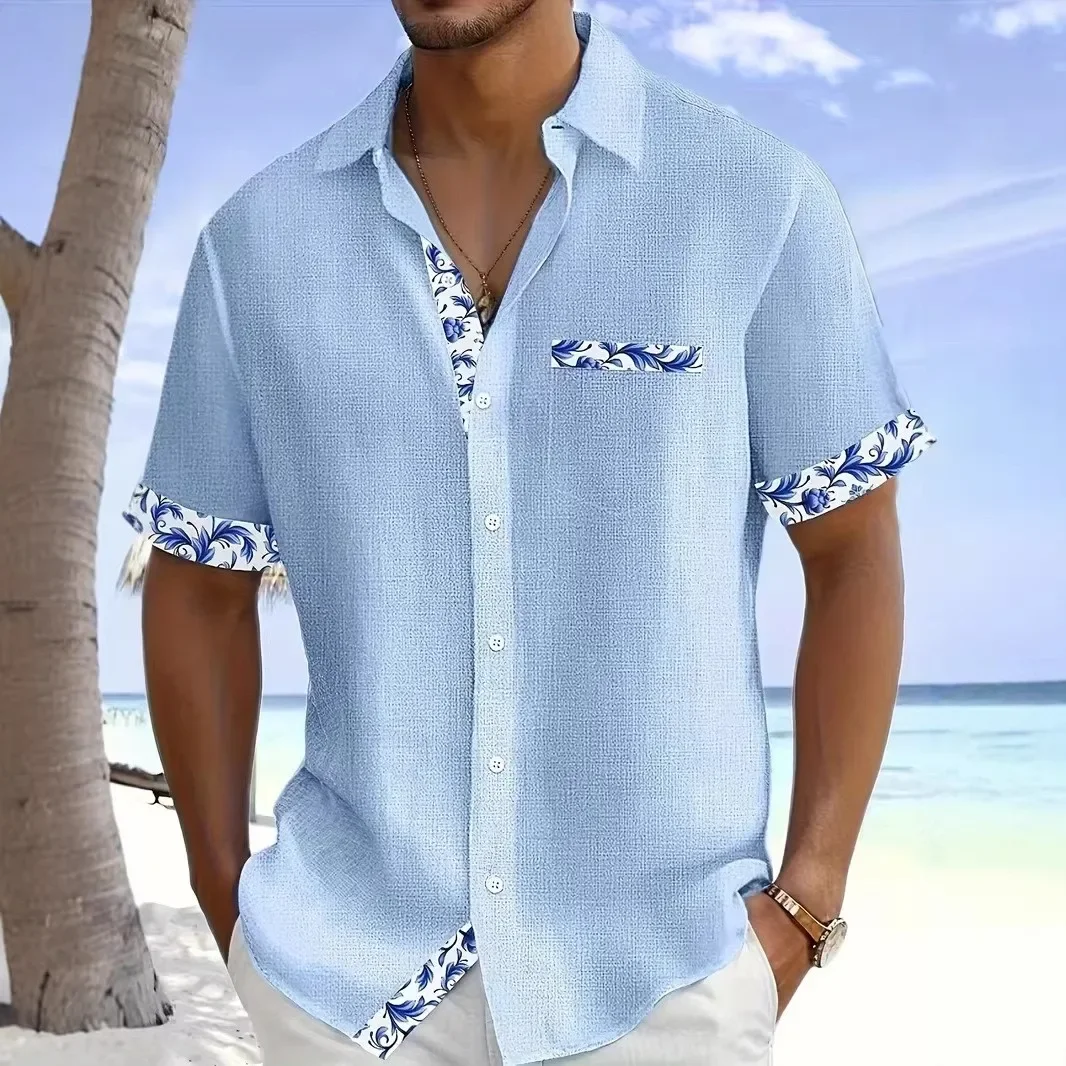 

Весенне-летняя мужская одежда с коротким рукавом, деловая повседневная рубашка, мужская рубашка с карманами и лацканами, топы