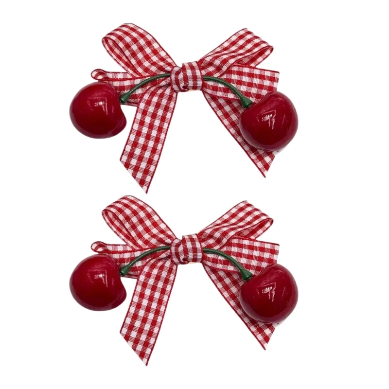 652B Pack of 2 Checked Bows Cherry Hair Clip with Metal Teeh Grip NonSlip Lovely Barrettes for Girls Women Everyday Wear