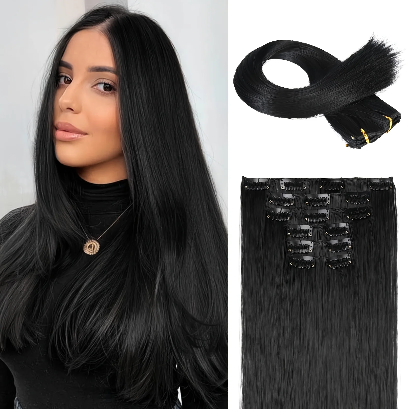 Extensões de Cabelo Liso com Clipe (6 Peças) para Mulheres - Aplique Sintético Resistente ao Calor com Efeito Natural