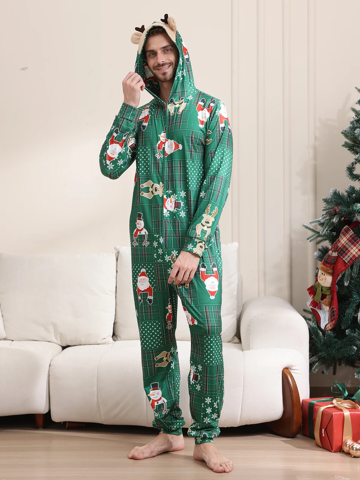 New Year's Costumes Cartoon Print Elk Ear Hooded Romper Mom Dad Kids Christmas Matching Pyjamas One-piece Suit Xmas Look Romper