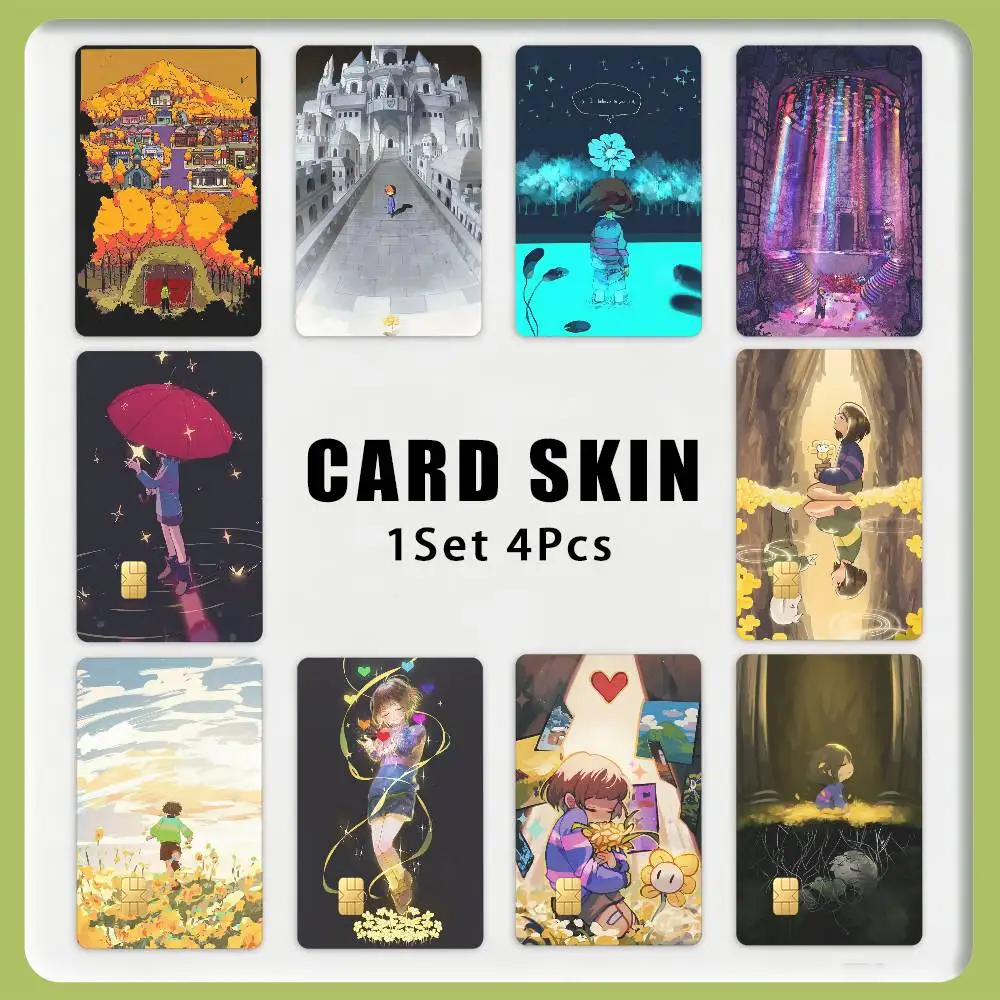 U-Undertale F-Frisk and Yellow Flowey 1Set 4Pcs Waterproof Card Skin Stickers for Credit Bus IC Cards