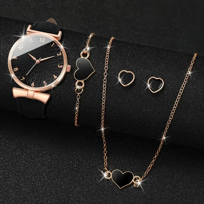 5pcs Black Round Quartz Watches with PU Leather Strap and Fashion Accessories, Valentine's Day Gifts for Her