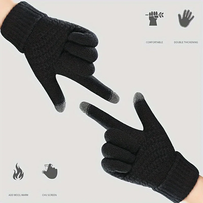 Dick gestrickte Jacquard-Touchscreen-Handschuhe, Winter, warm, Unisex, geteilte Finger, weicher Kaschmirimitat, kältebeständig