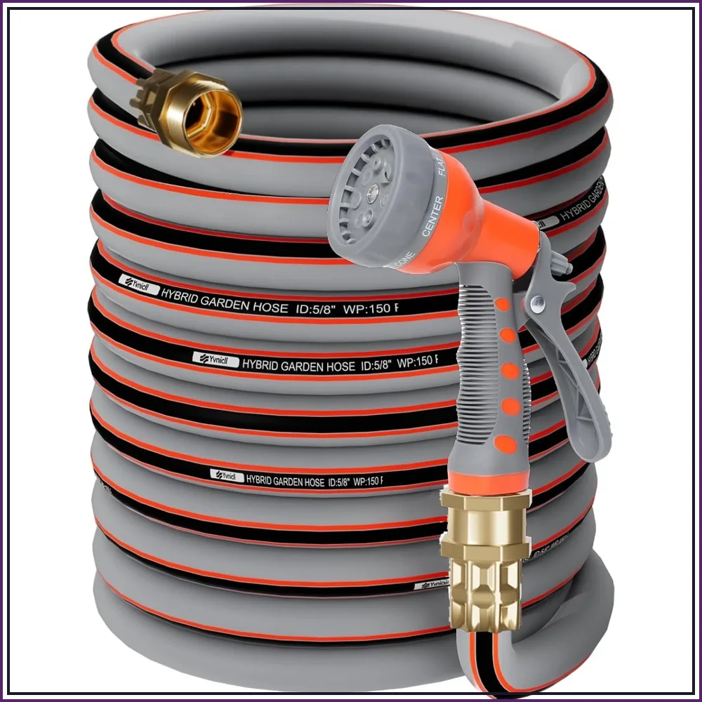 

100ft Heavy Duty Rubber Garden Hose, No Kink, Brass Fittings & Nozzle