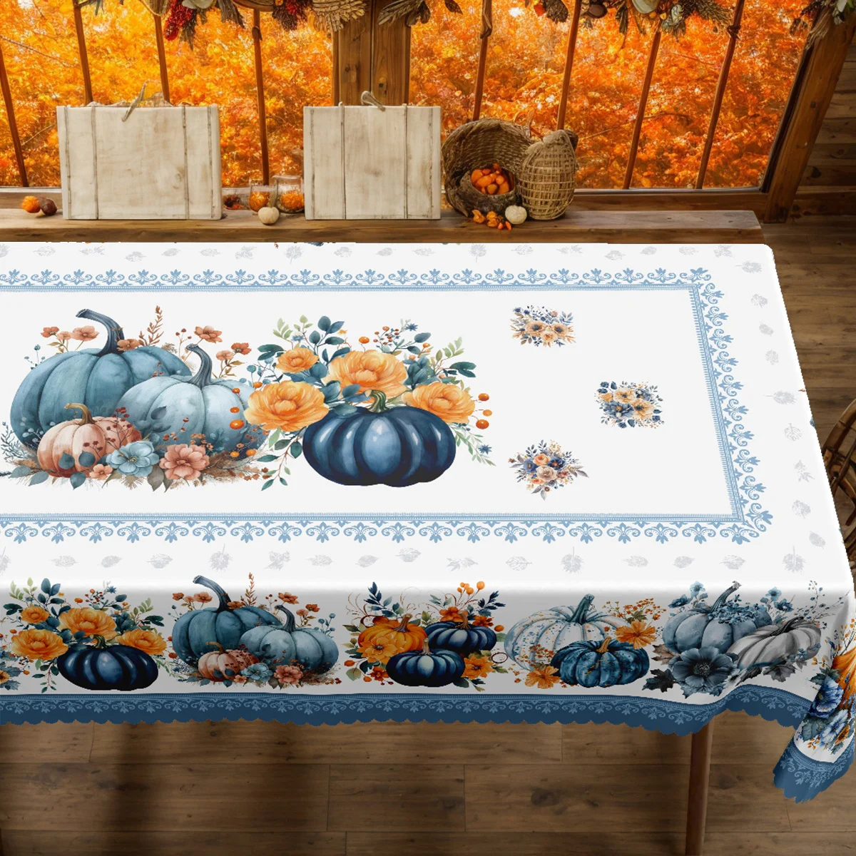 Fall Thanksgiving Blue Pumpkins Maple Leaf Print Tablecloth for Table Decor Autumn Harvest Kitchen Dining Table Cloth Home Decor