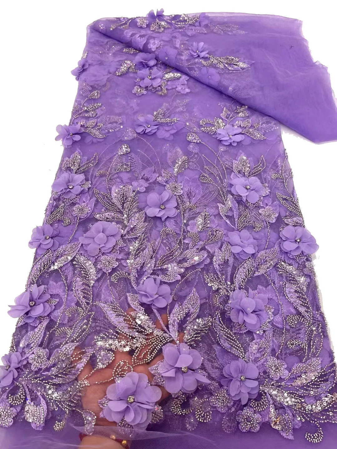 Tecido De Renda De Talão Bordado Com Lantejoulas, Tecido Nigeriano Africano, Malha Francesa, Flores 3D, Vestido De Noiva, Moda
