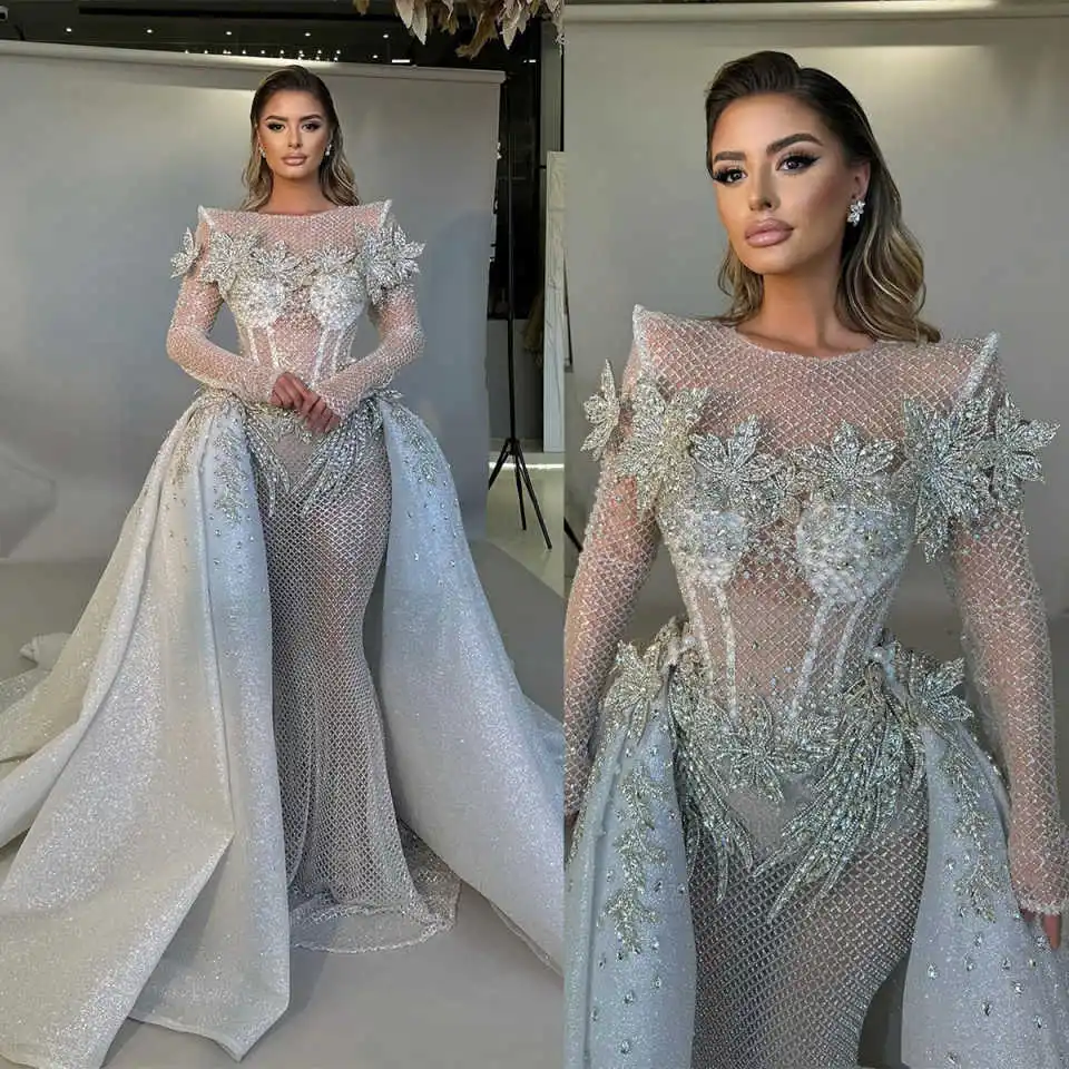 Sexy Mermaid Wedding Dresses See Through Crystal Flowers Bride Gowns with Detachable Train Shiny Custom Made Robes De Mariée