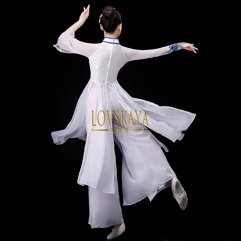 Traje de dança clássica estilo chinês para mulheres, porcelana azul e branca, hanfu fan