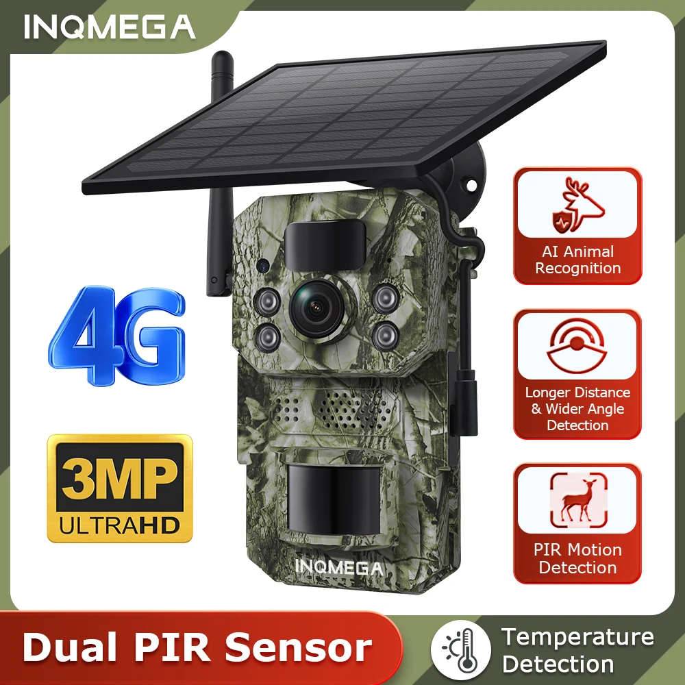 INQMEGA 4G cámara Solar cámara de seguimiento de caza al aire libre 2PIR cámara de seguimiento automático visión nocturna cámara de vida silvestre cámara CCTV