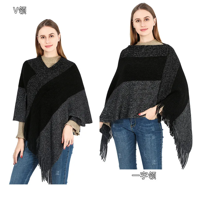 

2022 New Autumn Winter Knitted Shawl Women's Spring Multipurpose Pullover Cape Warm Tassel Cape Lady Stripe Ponchos Black