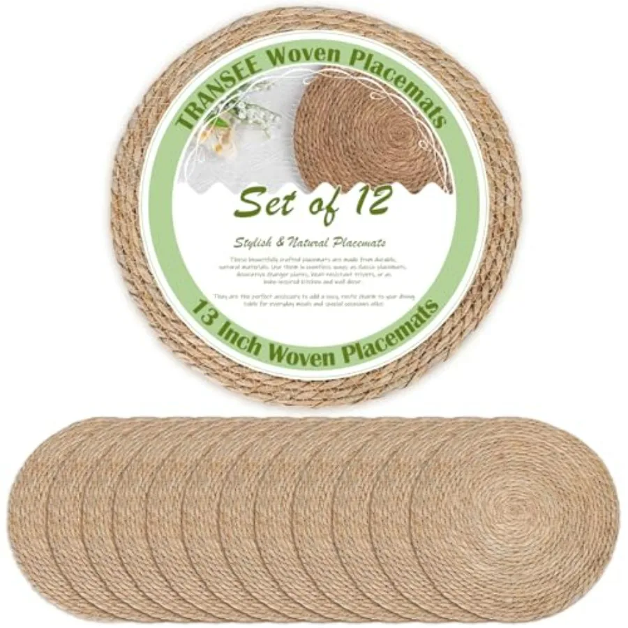 

Набор из 12 круглых плетеных подставок под тарелки диаметром 13 дюймов из натурального водяного гиацинта, в стиле бохо, плетеные подставки из ротанга в стиле фермерского дома