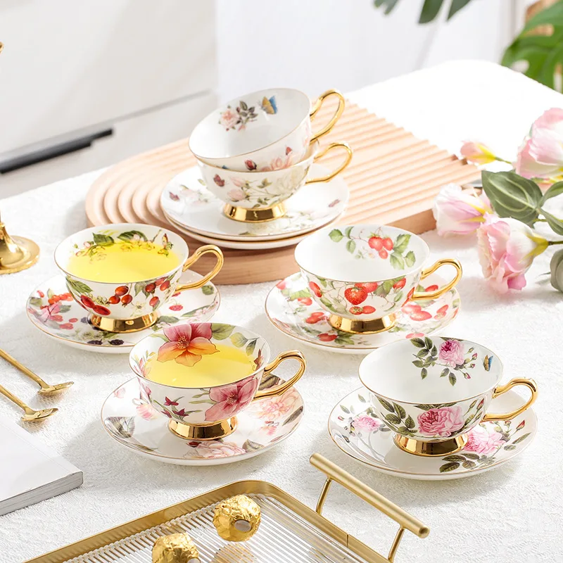 Europe Pastoral Flower Bone China Coffee Cup and Plate High-end Porcelain Office Tea Mug and Dish Painted Ceramic Water Cup