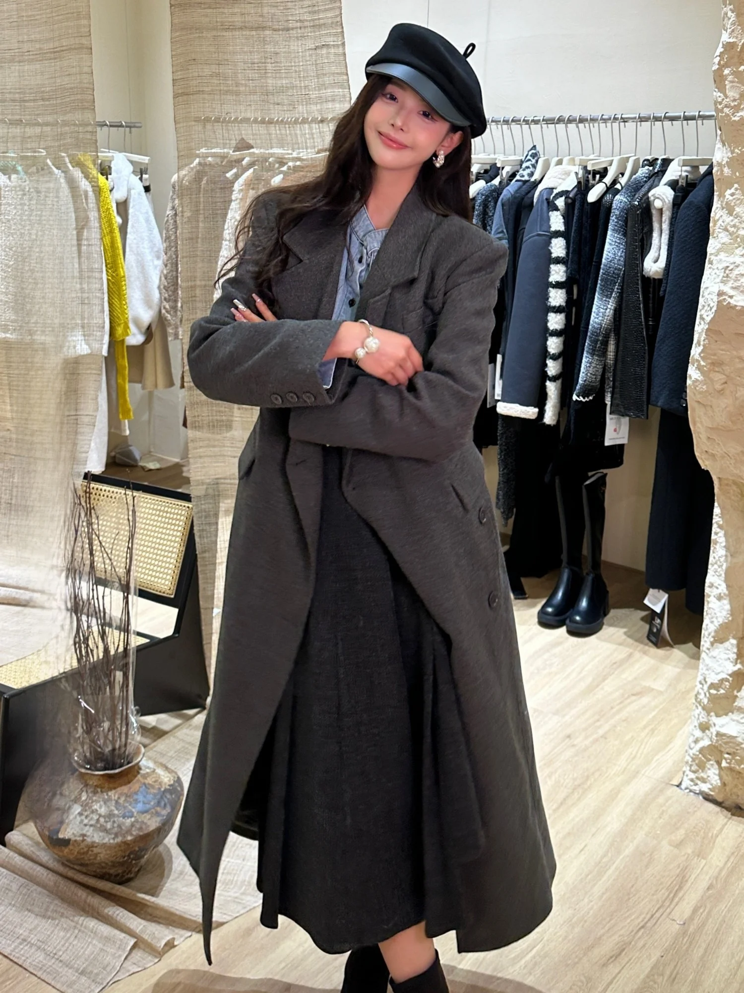 

Neadada Korean Sle Woolen Suit Coat Women's Autumn Winter Medium Length Coat Pure Color Button up Thiened Version