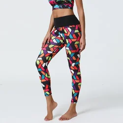 Women Hot Sale Geometric Printing Nude Thin Leggings with Back Pocket Sports Gym Dancing Fitness High Waist Leggings 8Z