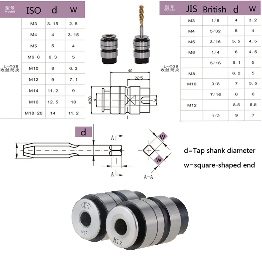 Mandril de grifo de cambio rápido para máquina de perforación, mandril de roscado neumático, L28, B16, L0312, M3, M12, M14, M16, L0516, B18, 1 ud.