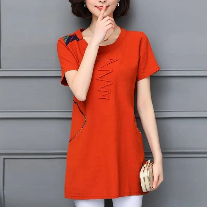 Women's Round Neck Pullover Patchwork Flower Short Sleeve Distressed Midi Elegant T-shirt Casual Loose Summer High Street Tops