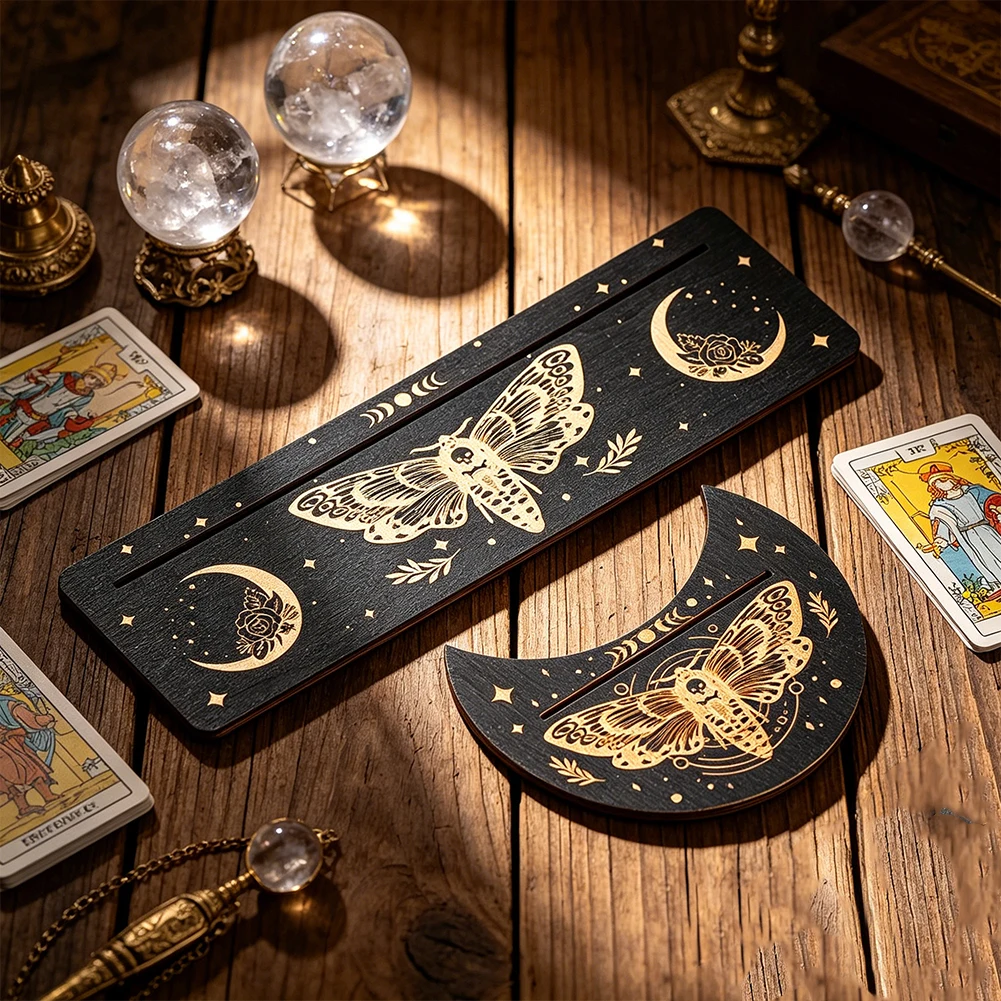 Gothic Moth & Moon Wooden Tarot Card Holder Black Crystal Card Stand Witchcraft Altar Display Holder for Home Divination Decor