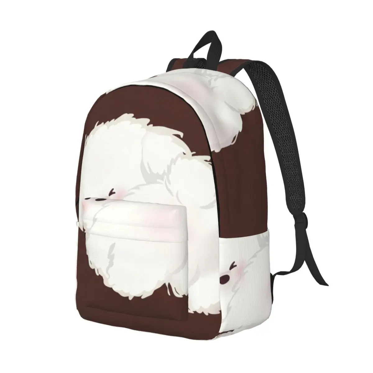 Dark Punk Printed Backpack Center Fluffy Puppy Whimsical Cute Brown White Black Daypack for College Class Weekend Gift Camping