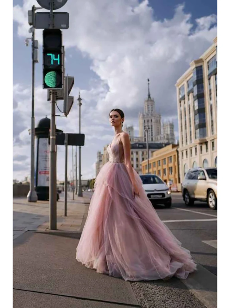 Vestido De noche Rosa abombado sin mangas Para Mujer, cuello en V, encaje hasta el suelo, lentejuelas De lujo, Vestidos De Fiesta Elegantes Para Mujer