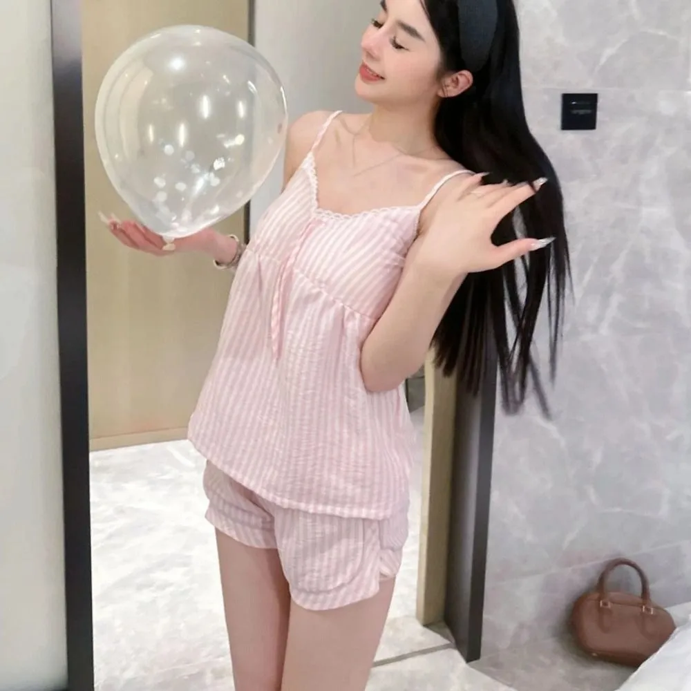 

Bowknot Lace Stripe Pajama Suit Slim Fit Loose Camisole Shorts Nightwear Sleeveless Deep V Neck Two Pieces Pajama Sets Summer