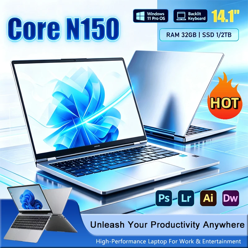 New 14.1' Laptop Intel Core N150 16GB 32GB 2TB Gaming PC Ultra Slim Office Study Computer PC Windows 11 Pro 1920*1080 HD
