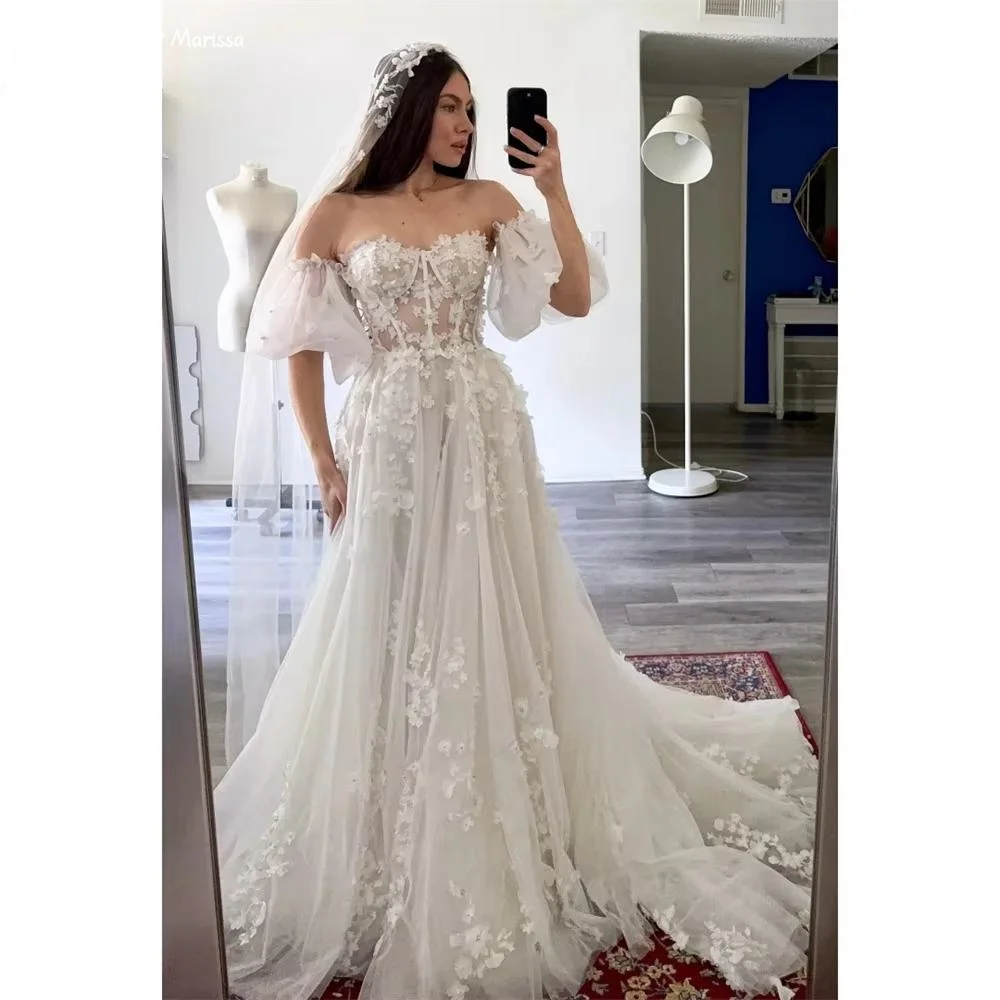 Marissa a 라인 Tulle 우아한 가운 이브닝 가운 3D 작은 꽃 우아한 롱 드레스 맞춤 제작 오프 숄더 탈착식 슬리브