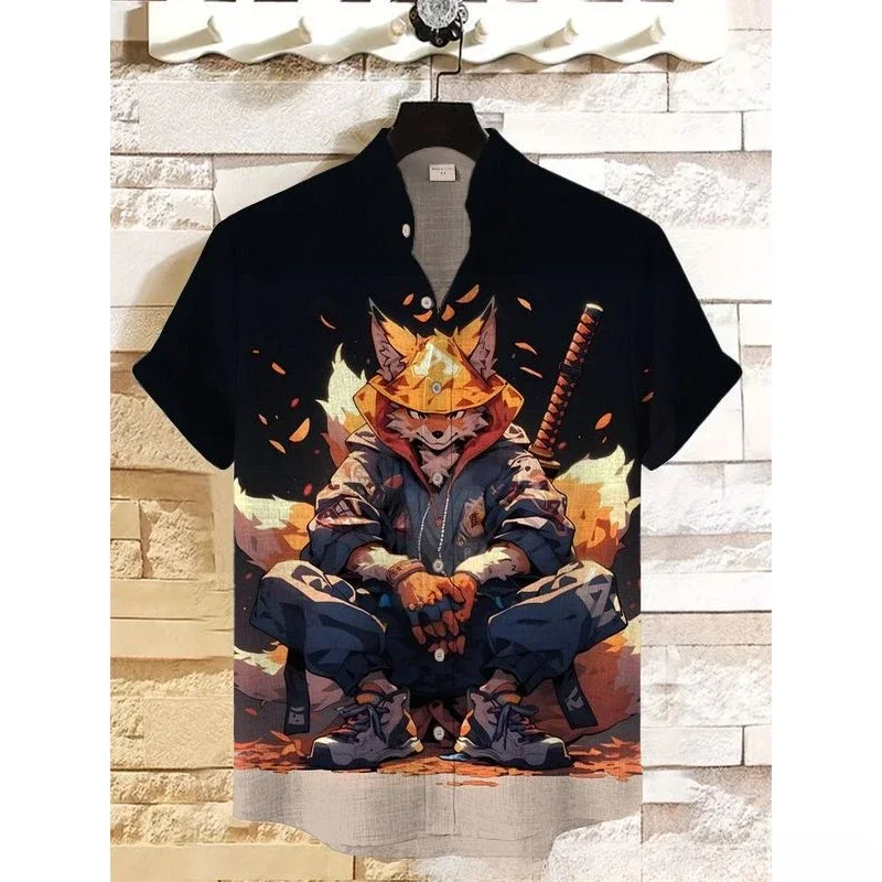 Men's Japan Sunset Raccoon Samurai Art Short Sleeve Linen Blend Shirt Cool Fox Blouses Summer Stand Collar Shirts Hawaiian Tops