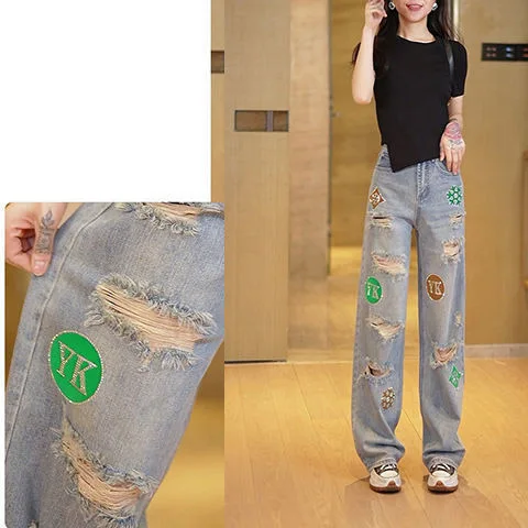Cintura alta denim jeans feminino personali retalhos bordado verão novo solto em linha reta vintage calças de perna larga