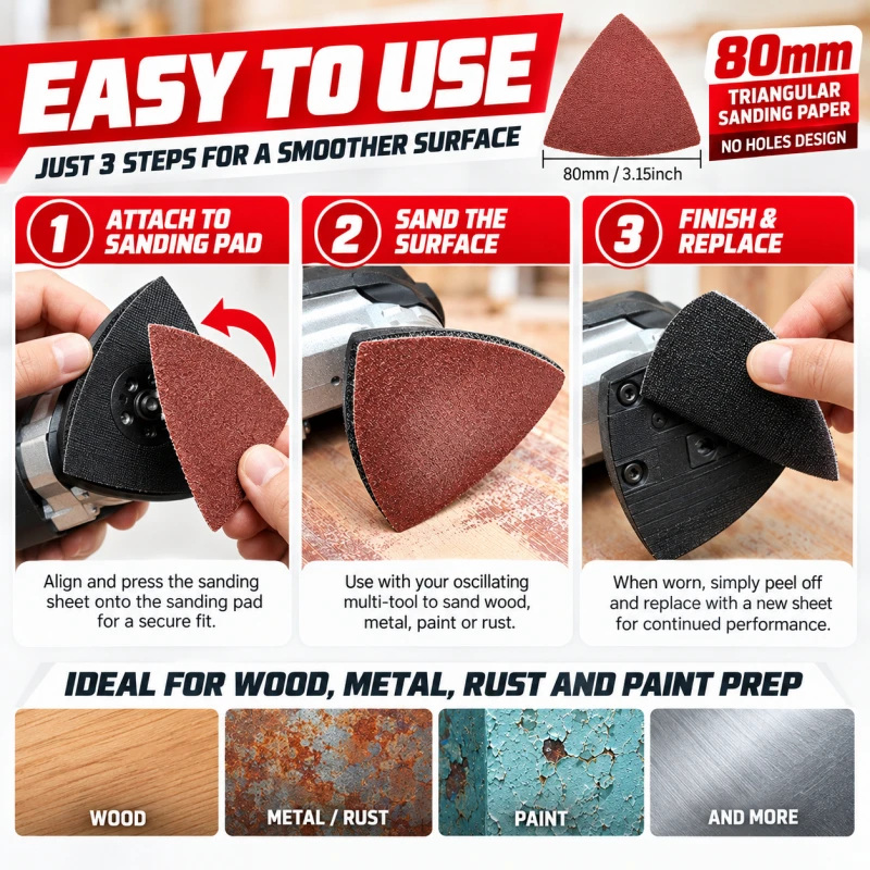 80mm Triangle Sandpaper No Hole Oscillating Multi Tool Sanding Pads Fit Fein Multimaster