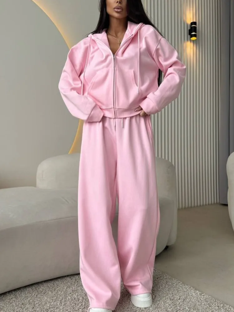 

Новый осенне-зимний женский повседневный однотонный спортивный костюм, толстовка с капюшоном на молнии с длинными рукавами и брюки на шнурке, хлопковый комплект из двух предметов