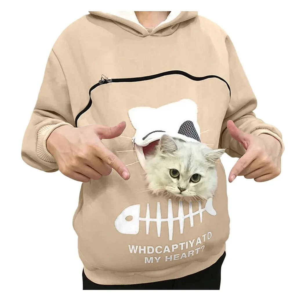 Primavera e outono inverno simples deslocamento bonito bolso pode acomodar gatos manga longa com capuz topos feminino