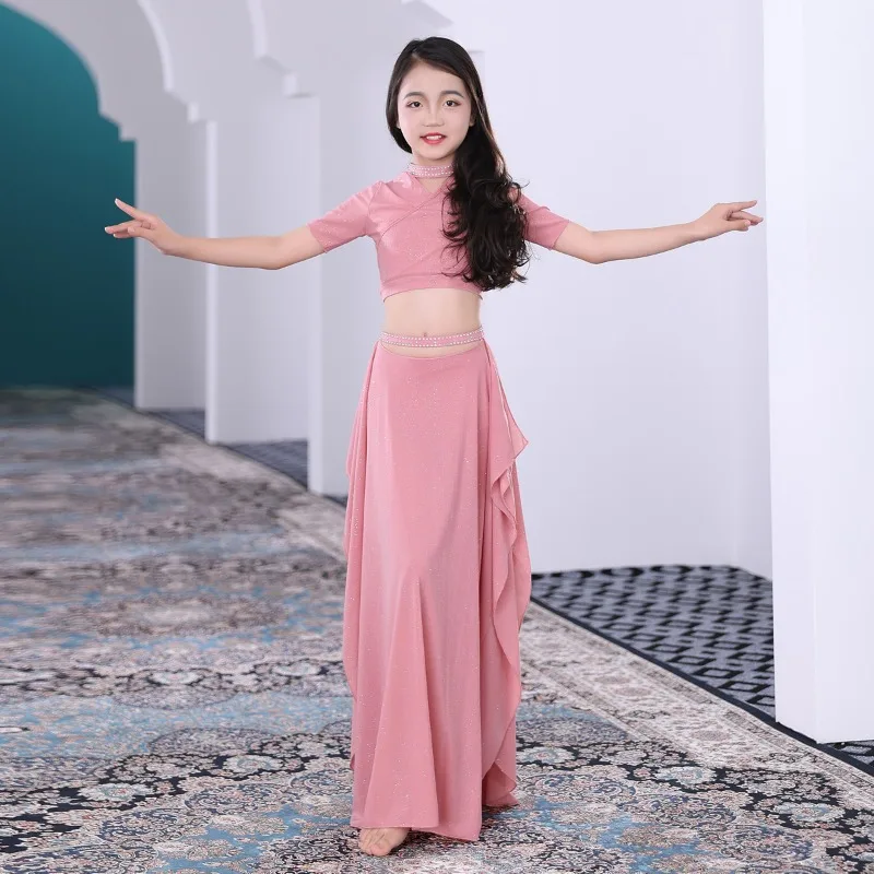 

Детские костюмы для танца живота по индивидуальному заказу, тренировочное платье из водяной пряжи для девочек, классная групповая одежда, топ и юбка