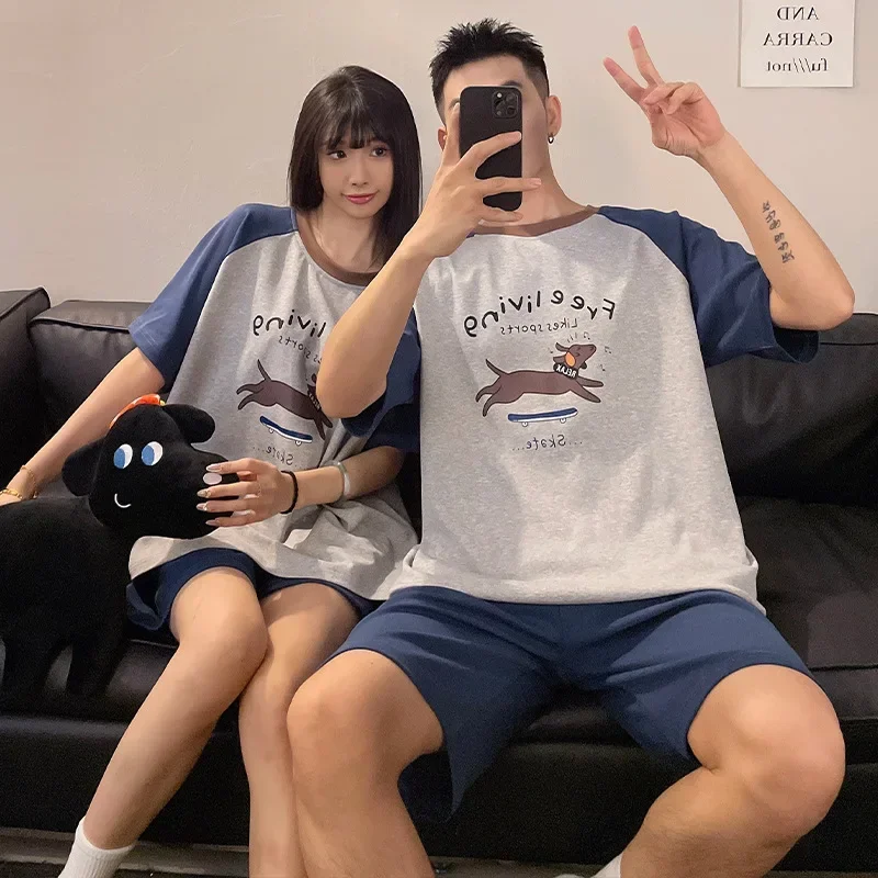 

Cartoon Cute Cotton Pajamas Set For Couples Summer Women and Men Matching Short Sleeves Pajamas Set Big Size M-3XL Pijama Mujer