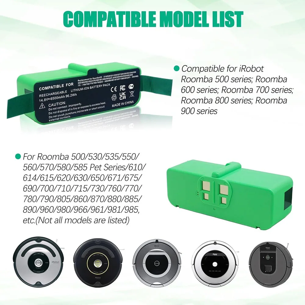 

A+ Grade 6500mAh 14.4V Li-ion Battery for iRobot Roomba 500–900 Series High Energy Density Long Runtime Robot Vacuum Replacement