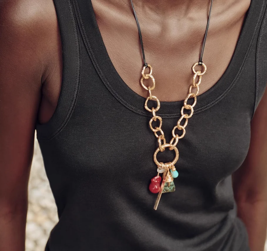 Europe and America retro old metal chain pendant women's dopamine handmade personality Joker clavicle chain leather strap.