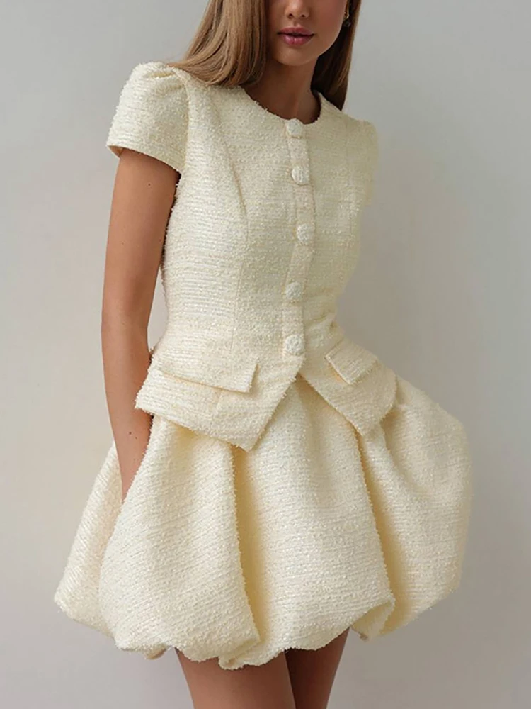 Women Beige Party Two Piece Set Sexy Short Sleeves Single Breasted Top + High Waist Puff Skirts Suits Party Evening Cocktail Set