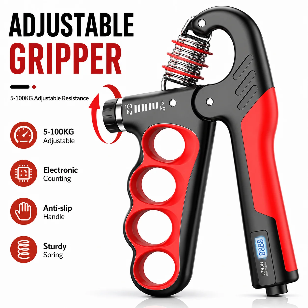 Hand Gripper 10-60KG Adjustable Forearm Strengthener LCD Counter NonSlip Handle Grip Trainer for MenWomen Fitness Climbing Rehab
