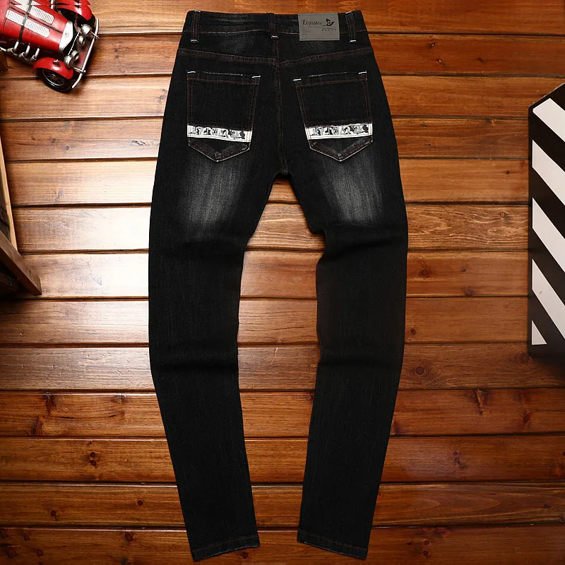 Street embroidered black denim trousers men's fashion all-match casual Embroidery Fashion elastic slim fit long skinny pants