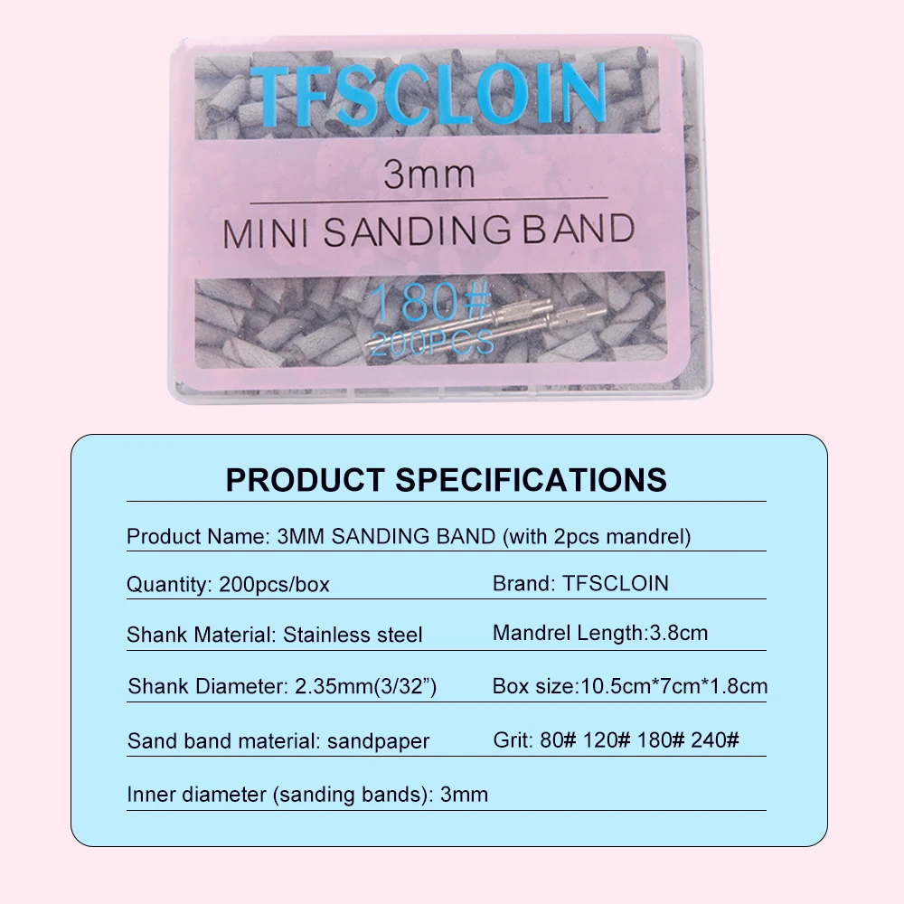 100/200 Stück 3 mm Nagelschleifbänder-Set mit Dorn – Schleifpapier mit Körnung 80/120/180/240 für Nagelbohrer, Maniküre, Pediküre, Salon – Detail 7