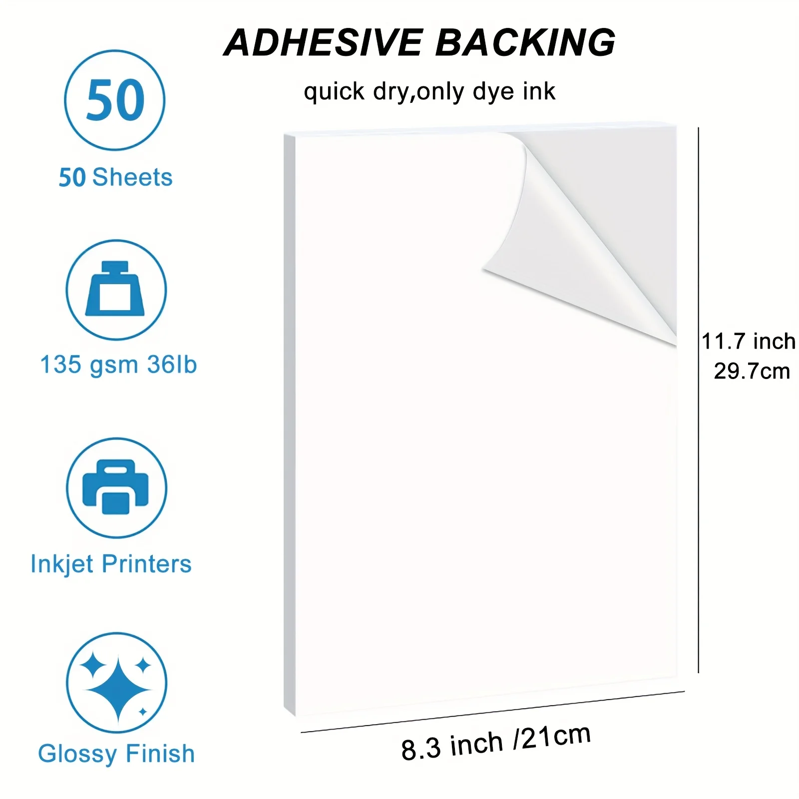 A4 High Glossy Self-adhesive Photo Paper/50 Sheets 135gsm Size for Inkjet Printers, Peel and Stick Photos, Crafts, Scrapbooks