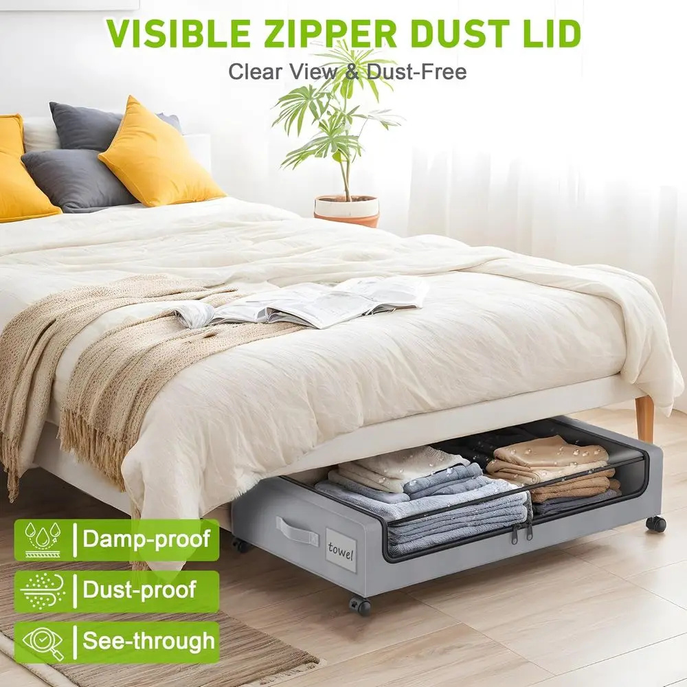 Graue XXL 60L rollende Metall-Aufbewahrungsschubladen unter dem Bett, 4er-Pack transparente Deckelbehälter für Kleidung, Schuhe, Spielzeug, Bücher